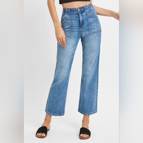 RISEN High-Rise Bootcut Cropped Ankle Mom Jeans 90s Patch Pocket Denim Pants - Picture 9 of 13